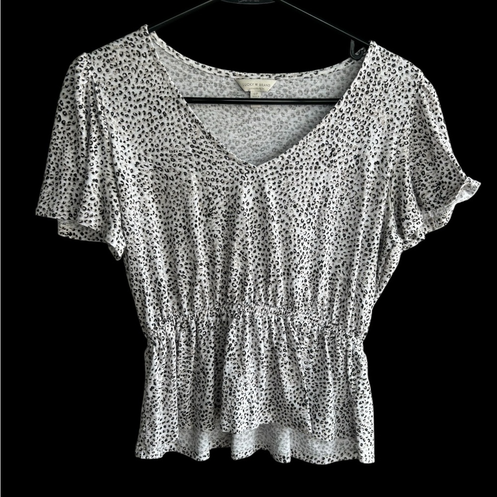 Lucky Brand Black and White Ruffled Short Sleeve Blouse